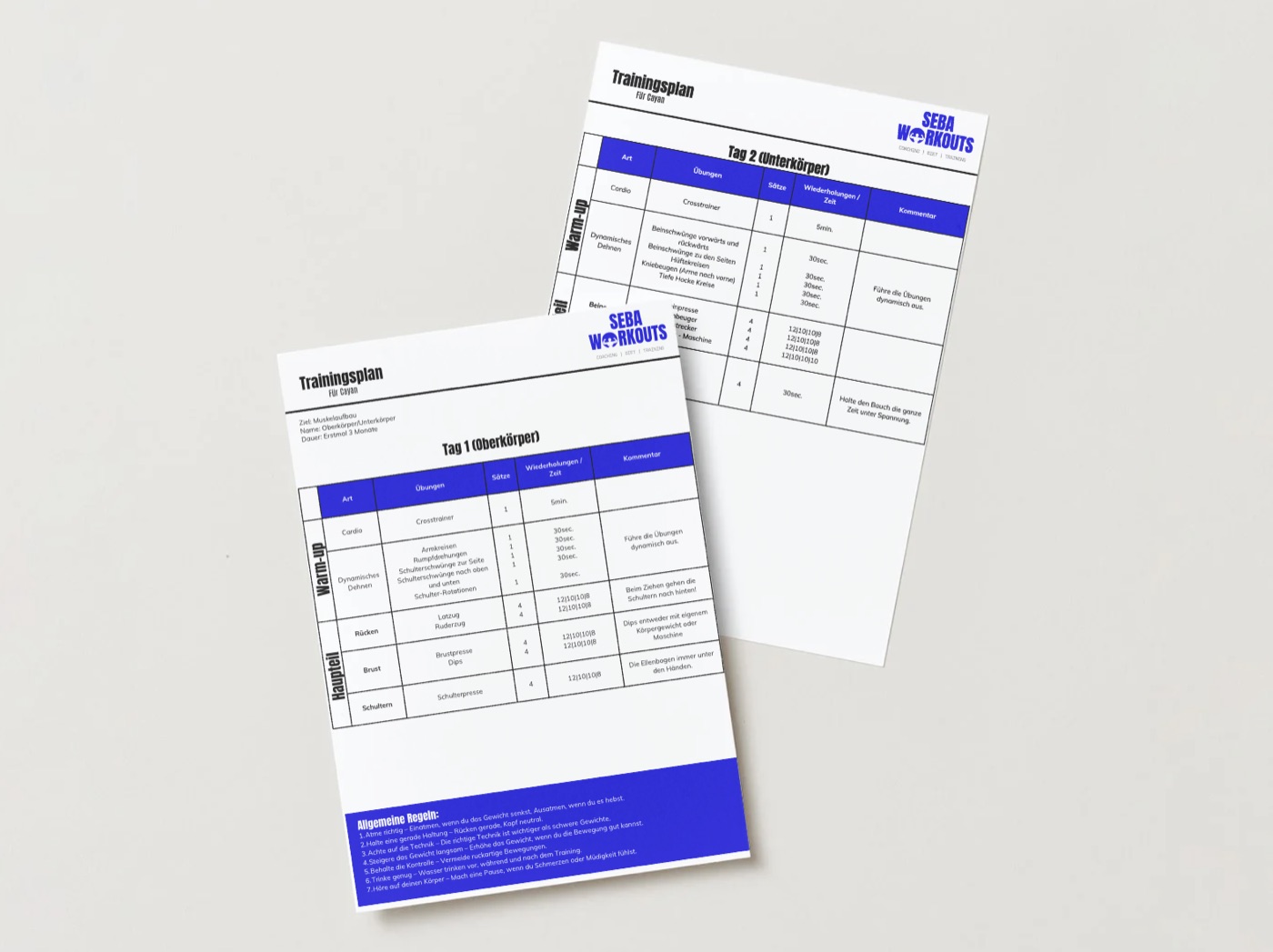 Trainingsplan von sebaworkouts auf Papier